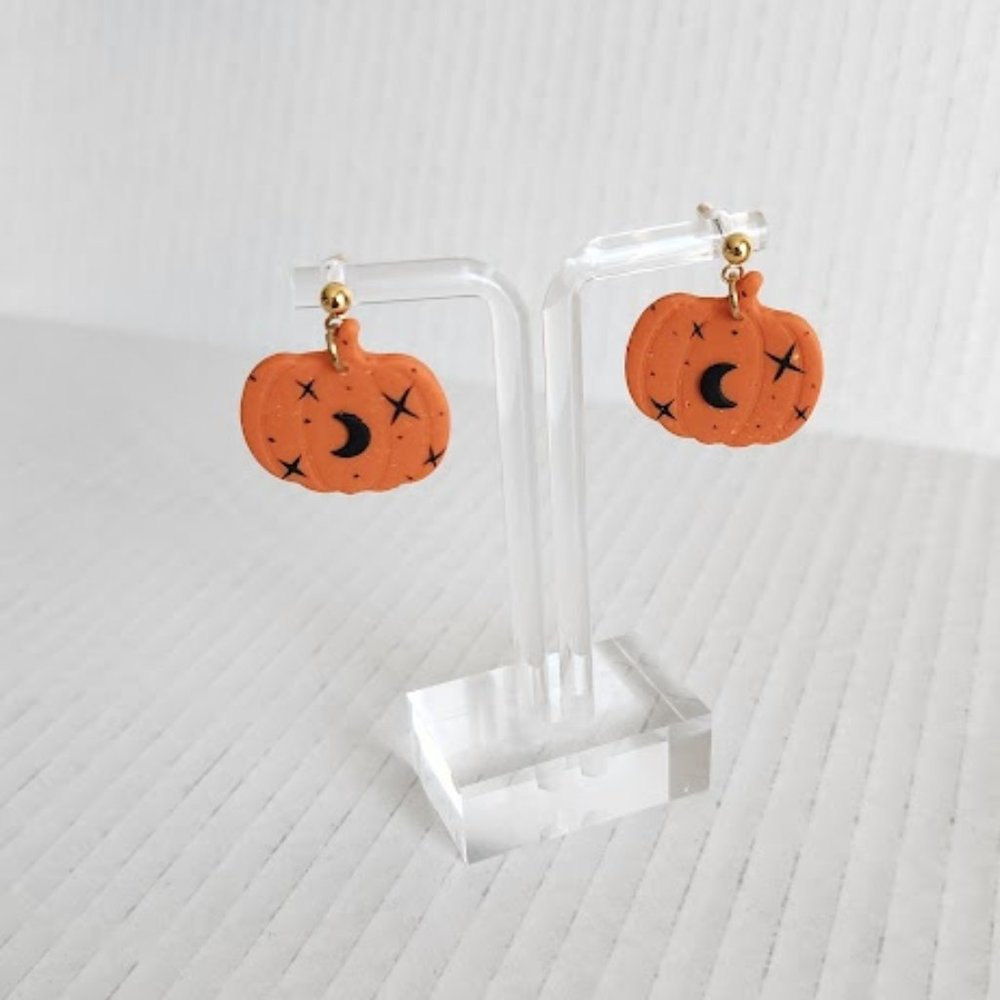 Pumpkin Orange Black Moon Polymer clay earrings handmade Lightweight 1"